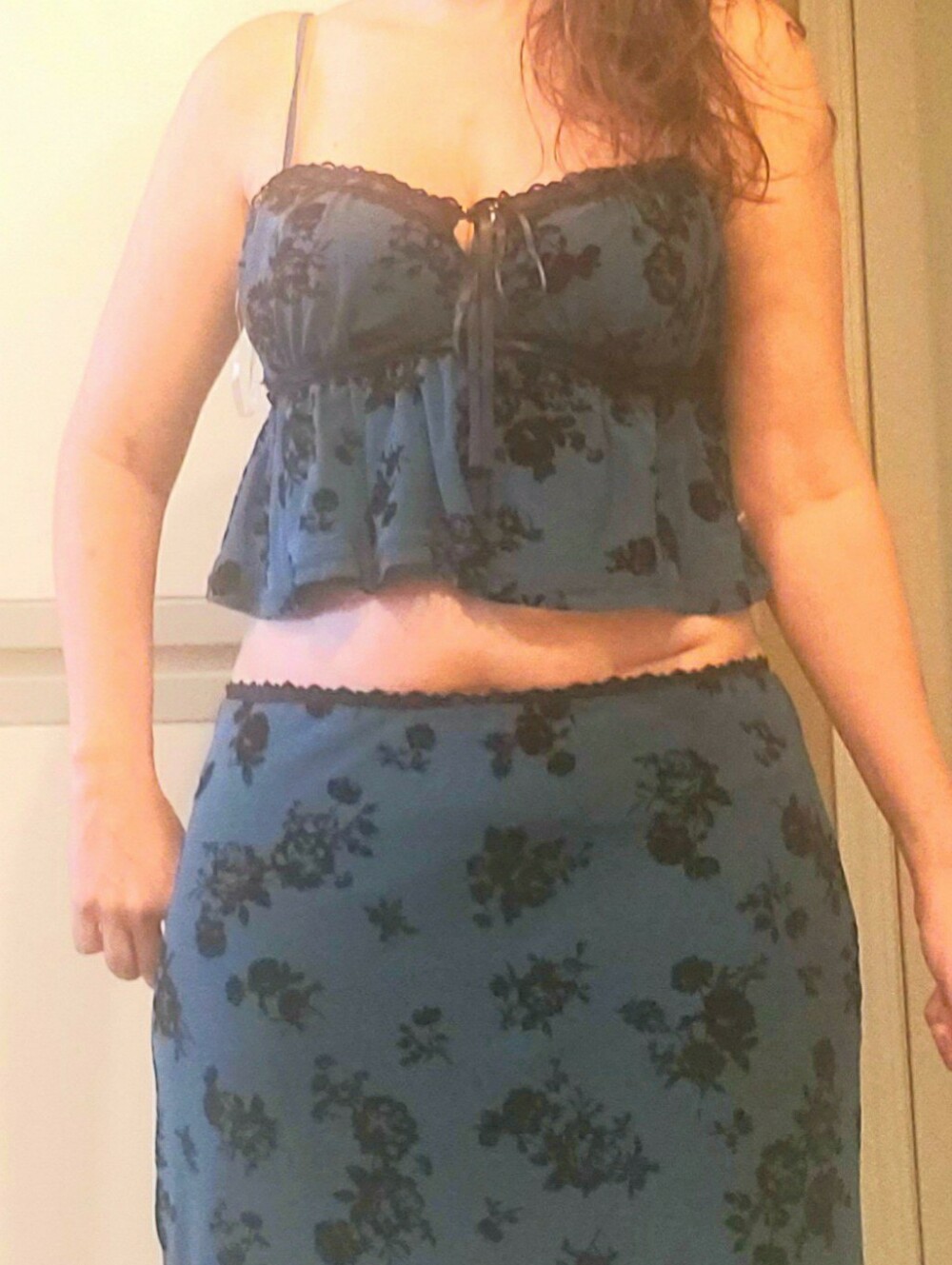 L 2 Pc Set-Teal Blue-Green/ Black Floral Skirt & Top, Lace, Satin -New